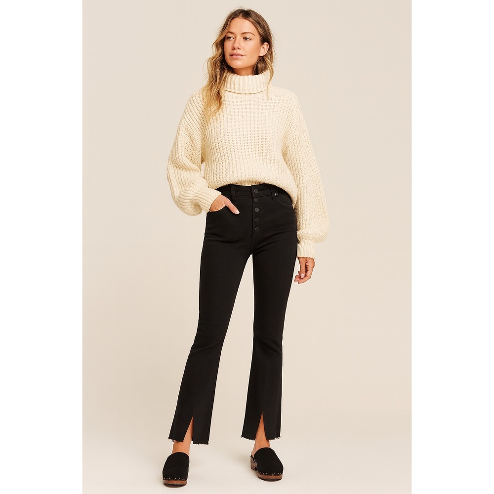 Free People Cropped‎ Boot Split Hem Jeans Frayed Hem Exposed Button Fly 28 Black